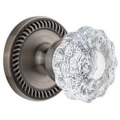 Grandeur Antique Vintage Crystal Dummy Door Knob Set with Fluted Crystal Knob and Solid Brass Round Rose Antique Pewter