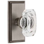 Grandeur Carre Solid Brass Privacy Set with Baguette Clear Crystal Knob and 2-3/4" Backset Antique Pewter