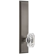 Grandeur Carre Solid Brass Tall Plate Rose Left Handed Privacy Door Knob Set with Baguette Clear Crystal Knob and 2-3/8" Backset Antique Pewter