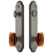 Grandeur Arc Solid Brass Tall Plate Single Cylinder Keyed Entry Set with Baguette Amber Crystal Knob and 2-3/4" Backset Antique Pewter