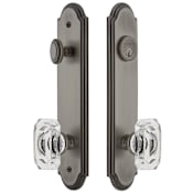 Grandeur Arc Solid Brass Tall Plate Single Cylinder Keyed Entry Set with Baguette Clear Crystal Knob and 2-3/4" Backset Antique Pewter