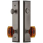 Grandeur Fifth Avenue Solid Brass Tall Plate Single Cylinder Keyed Entry Set with Baguette Amber Crystal Knob and 2-3/8" Backset Antique Pewter