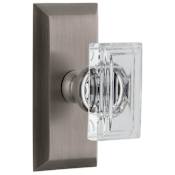 Grandeur Carre Crystal Solid Brass Non-Turning Two-Sided Dummy Door Knob Set with Fifth Avenue Short Trim from the Concealed Screw Collection Antique Pewter