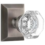 Grandeur Chambord Crystal Solid Brass Passage Door Knob Set with Fifth Avenue Square Trim from the Concealed Screw Collection - 2-3/8" Backset Antique Pewter