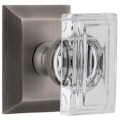 Grandeur Carre Crystal Solid Brass Non-Turning Two-Sided Dummy Door Knob Set with Fifth Avenue Square Trim from the Concealed Screw Collection Antique Pewter
