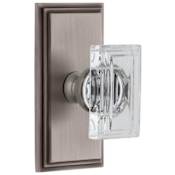 Grandeur Carre Crystal Solid Brass Passage Door Knob Set with Carre Short Trim from the Concealed Screw Collection - 2-3/8" Backset Antique Pewter