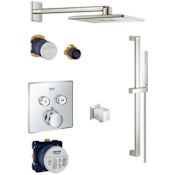 Grohe Thermostatic Shower System with Rain Shower Head, Hand Shower, Slide Bar, Shower Arm, Hose, Wall Supply, Valve Trim, and Diverter Trim Starlight Chrome