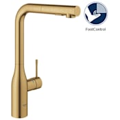Grohe Essence Pull-Out Kitchen Faucet and Foot Control Adapter Kit Combo with 2-Function Locking Sprayer Brushed Cool Sunrise