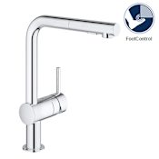 Grohe Minta Pull-Out Kitchen Faucet and Foot Control Adapter Kit Combo with 2-Function Toggle Sprayer Starlight Chrome