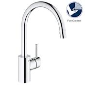Grohe Concetto Pull-Down Kitchen Faucet and Foot Control Adapter Kit Combo with 2-Function Push and Lock Sprayer Starlight Chrome