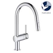 Grohe Minta Pull-Down Kitchen Faucet and Foot Control Adapter Kit Combo with 2-Function Push and Lock Sprayer Starlight Chrome