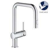 Grohe Minta Pull-Down Kitchen Faucet and Foot Control Adapter Kit Combo with 2-Function Push and Lock Sprayer Starlight Chrome