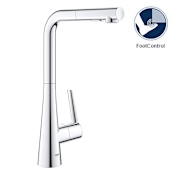 Grohe Zedra Pull-Out Kitchen Faucet and Foot Control Adapter Kit Combo with 2-Function Toggle Sprayer Starlight Chrome