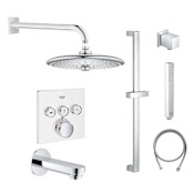 Grohe SmartControl Shower System with Tub Spout, Shower Head, Shower Arm, Wall Supply Elbow, Slide Bar, Hand Shower Hose, Valve Trim, and Rough In Moon White / StarLight Chrome