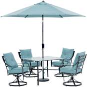 Hanover Lavalette 5 -PC Steel Framed Olefin Outdoor Dining Set with Umbrella Ocean Blue