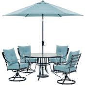 Hanover Lavalette 5 -PC Steel Framed Olefin Outdoor Dining Set with Umbrella Ocean Blue