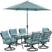 Hanover Lavalette 7 -PC Steel Framed Olefin Outdoor Dining Set with Umbrella Ocean Blue
