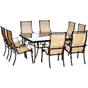 Hanover Monaco Nine Piece Aluminum Framed Fabric Outdoor Dining Set with Glass Top Tan