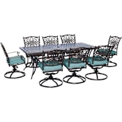 Hanover Traditions Nine Piece Square Aluminum Framed Outdoor Dining Set with Swivel Chairs Blue