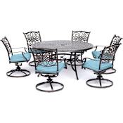 Hanover Traditions Seven Piece Aluminum Outdoor Dining Set with Swivel Rocking Chairs Blue