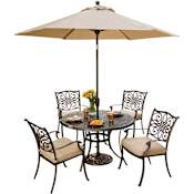 Hanover Traditions Five Piece Aluminum Framed Outdoor Dining Set with Umbrella Tan