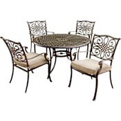 Hanover Traditions 5-Piece Aluminum Framed Outdoor Dining Set with Umbrella Compatible Round Aluminum Tabletop and Arm Chairs Natural Oat