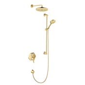 Hansgrohe Locarno Thermostatic Shower System Trim with Integrated Volume Control, Diverter, 1.75 GPM Rain Shower Head and Hand Shower on Slide Mount - Less Valve Brushed Gold Optic