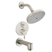 Hansgrohe S Tub and Shower Valve Trim with Thermostatic / Volume Control, Diverter, Single Function Shower Head and Diverterless Tub Spout Brushed Nickel