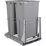 Hardware Resources EMBM Series Bottom Mount Double Bin Trash Can Pull Out with Soft-Close Slides - 50 Quart Capacity Polished Chrome