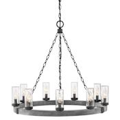 Hinkley Lighting Sawyer 120v 9 Light 30" Wide Outdoor Wrought Iron Ring Chandelier with Seedy Glass Shades Aged Zinc
