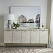 Hooker Furniture Cascade 82" Wide Casual Luxury Dining Room Server Buffet Cabinet in a Lacquered Burlap Finish Pebble Beach Burlap