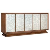 Hooker Furniture Melange 80" Wide 5 Door 1 Drawer Glass, Walnut Veneer Media Cabinet Walnut / Silver Painted Glass
