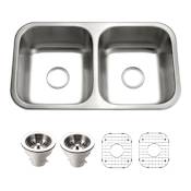 Houzer Elite 31-1/2" Undermount Double Basin Stainless Steel Kitchen Sink with Basin Rack and Basket Strainer Stainless Steel