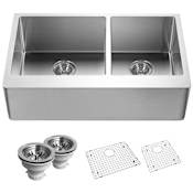 Houzer Epicure 33" Farmhouse Double Basin Stainless Steel Kitchen Sink with Basin Rack and Basket Strainer Stainless Steel