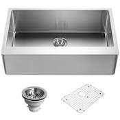 Houzer Epicure 33" Farmhouse Single Basin Stainless Steel Kitchen Sink with Basin Rack and Basket Strainer Stainless Steel