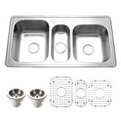 Houzer Premier 41-5/16" Drop In Triple Basin Stainless Steel Kitchen Sink with Basin Rack and Basket Strainer Stainless Steel