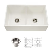 Houzer Platus 33" Farmhouse Double Basin Fireclay Kitchen Sink with Basin Rack and Basket Strainer Biscuit