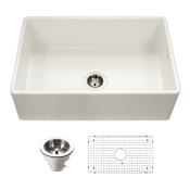 Houzer Platus 33" Farmhouse Single Basin Fireclay Kitchen Sink with Basin Rack and Basket Strainer Biscuit