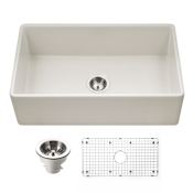 Houzer Platus 33" Farmhouse Single Basin Fireclay Kitchen Sink with Basin Rack and Basket Strainer Biscuit