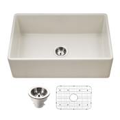Houzer Platus 30" Farmhouse Single Basin Fireclay Kitchen Sink with Basin Rack and Basket Strainer Biscuit