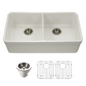 Houzer Platus 32-3/16" Undermount Double Basin Fireclay Kitchen Sink with Basin Rack and Basket Strainer Biscuit