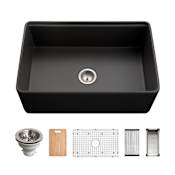 Houzer Aspire 30" Farmhouse Single Basin Fireclay Kitchen Sink with Basin Rack, Basket Strainer and Cutting Board Black