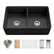 Houzer Aspire 33" Farmhouse Double Basin Fireclay Kitchen Sink with Basin Rack, Basket Strainer and Cutting Board Black