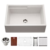 Houzer Quartztone 30" Farmhouse Single Basin Granite Composite Kitchen Sink with Basin Rack, Basket Strainer and Cutting Board Cloud