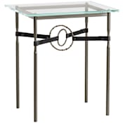 Hubbardton Forge Equus 22" Wide Metal Table with Glass Top, Bronze Rings, and Leather Accents Oil Rubbed Bronze / Bronze / Black