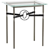 Hubbardton Forge Equus 22" Wide Metal Table with Glass Top, Black Rings, and Leather Accents Oil Rubbed Bronze / Black / Black
