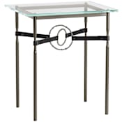 Hubbardton Forge Equus 22" Wide Metal Table with Glass Top, Natural Iron Rings, and Leather Accents Oil Rubbed Bronze / Natural Iron / Black