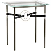 Hubbardton Forge Equus 22" Wide Metal Table with Glass Top, Soft Gold Rings, and Leather Accents Oil Rubbed Bronze / Soft Gold / Black