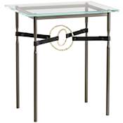 Hubbardton Forge Equus 22" Wide Metal Table with Glass Top, Modern Brass Rings, and Leather Accents Oil Rubbed Bronze / Modern Brass / Black