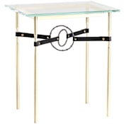 Hubbardton Forge Equus 22" Wide Metal Table with Glass Top, Dark Smoke Rings, and Leather Accents Modern Brass / Dark Smoke / Black